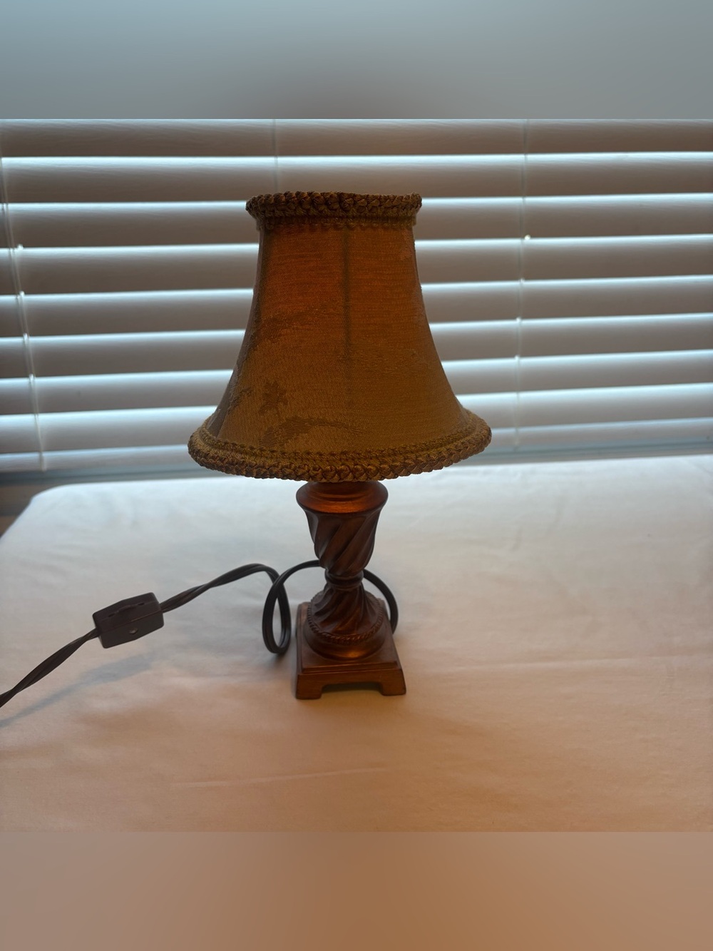 Vintage Mini Brass Boudoir Lamp 10-11 Inches Tall Accent Light Gold Braided Shad
